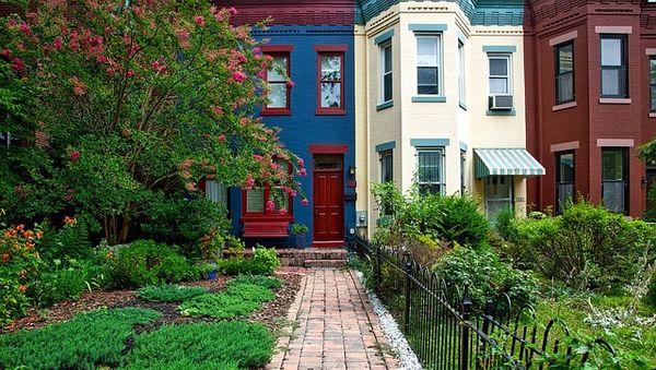 lush gardens in front of row houses in city
